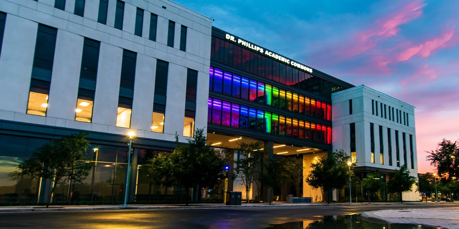 The Dr. Phillips Academic Commons at UCF’s downtown campus at dusk.